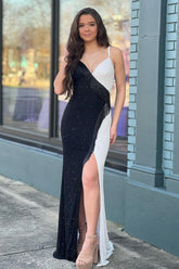 V-Neck Sequin Sheath Long Prom Dress with Beading and Slit