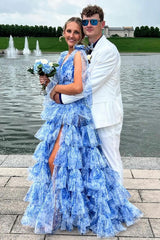 V-Neck Tulle A-Line Long Prom Dress with Slit Group