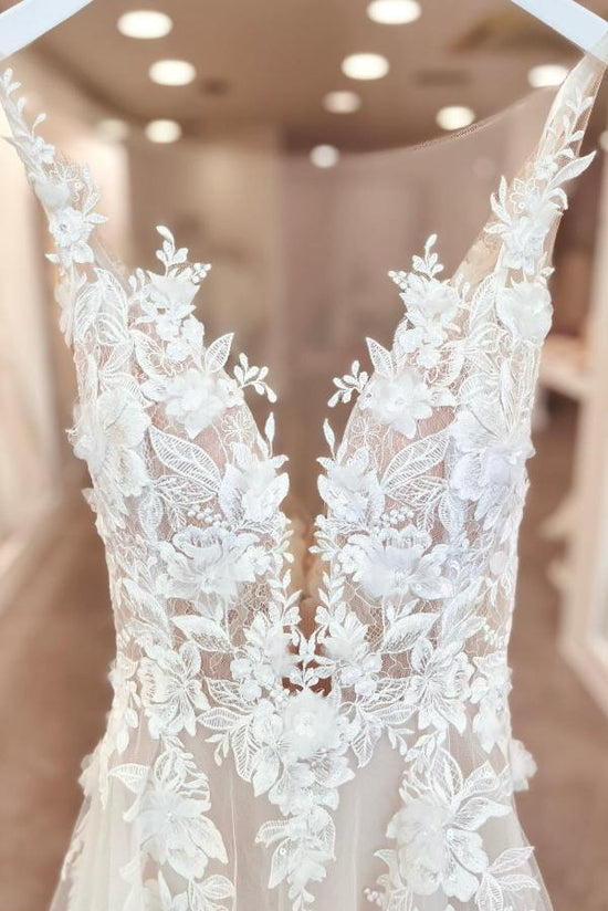 A-Line V-neck Chiffon Lace Open Back Long Wedding Dresses With Split