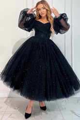 Ball Gown Strapless Illusion Ankle-Length Tulle Prom Dresses with Lace-up Paillette