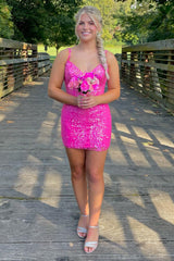 Sparkly Spaghetti Straps Fuchsia Tight Short Homecoming Dress with Lace
