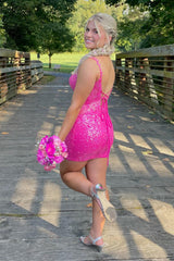 Sparkly Spaghetti Straps Fuchsia Tight Short Homecoming Dress with Lace