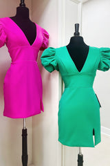 Simple Fuchsia V-Neck Short Sleeves Tight Short Homecoming Dress