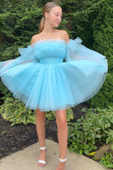 A-Line Blue Tulle Short Homecoming Dress with Detachable Long Sleeves