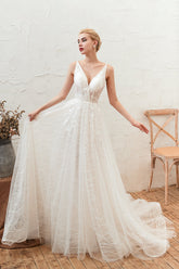 White Deep V-Neck A-Line Sweep Train Wedding Dress with Lace Appliques