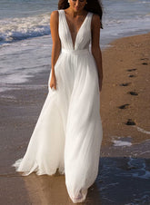 White Deep V-Neck A-Line Sweep Train Wedding Dress with Pleats