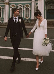 White Deep V-Neck A-Line Wedding Dress