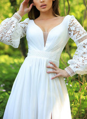 White Deep V-Neck Chiffon A-Line Sweep Train Wedding Dress with Lace Appliques, Long Sleeves and Slit Bodice Detail