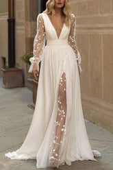 White Deep V-Neck Chiffon A-Line Sweep Train Wedding Dress with Long Sleeves and Slit