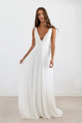 White Deep V-Neck Chiffon A-Line Sweep Train Wedding Dress