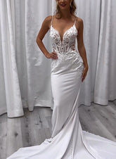 White Deep V-Neck Mermaid Chapel Train Wedding Dress with Lace Appliques