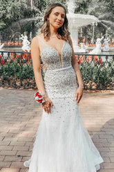 White Deep V-Neck Mermaid Long Prom Dress with Beading