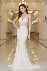 White Deep V-Neck Mermaid Sweep Train Wedding Dress with Lace Appliques