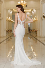 White Deep V-Neck Mermaid Sweep Train Wedding Dress with Lace Appliques Back View