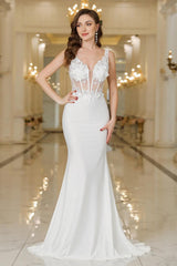 White Deep V-Neck Mermaid Sweep Train Wedding Dress with Lace Appliques
