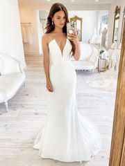 White Deep V-Neck Mermaid Wedding Dress with Lace Appliques and Court Train
