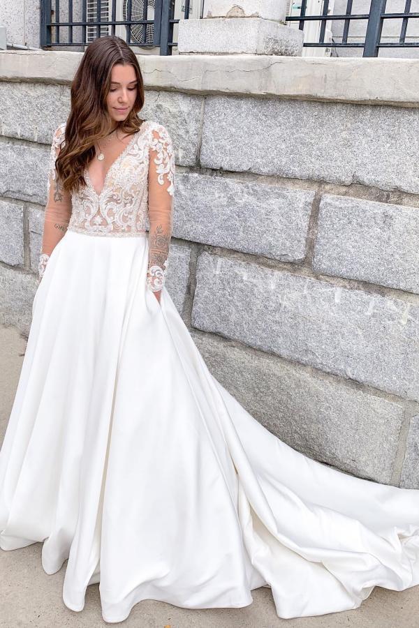 White Deep V-Neck Satin A-Line Chapel Train Wedding Dress with Lace Appliques, Long Sleeves and Pockets