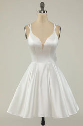 White Deep V-Neck Satin A-Line Homecoming Dress with Bow
