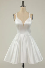White Deep V-Neck Satin A-Line Homecoming Dress with Bow
