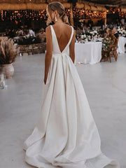 White Deep V-Neck Satin A-Line Sweep Train Wedding Dress with Slit and Pockets Back View