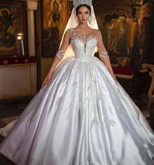 White Deep V-Neck Satin Ball Gown Wedding Dress with Beading