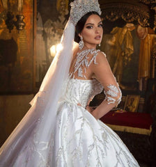 White Deep V-Neck Satin Ball Gown Wedding Dress with Beading Back Detail