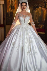 White Deep V-Neck Satin Ball Gown Wedding Dress with Beading