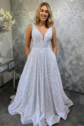 White Deep V-Neck Sequin A-Line Long Prom Dress with Pockets