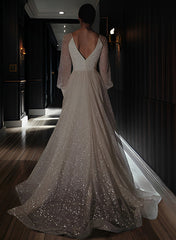 White Deep V-Neck Sequin A-Line Sweep Train Wedding Dress with Long Sleeves and Slit Back View