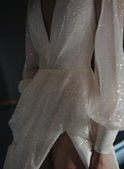 White Deep V-Neck Sequin A-Line Sweep Train Wedding Dress with Long Sleeves and Slit Bodice Detail