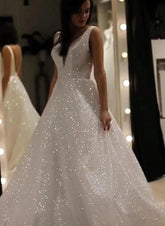 White Deep V-Neck Sequin A-Line Wedding Dress with Open Back