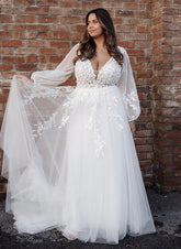 White Deep V-Neck Tulle A-Line Sweep Train Wedding Dress with Lace Appliques and Long Sleeves