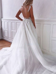 White Deep V-Neck Tulle A-Line Wedding Dress with Lace Appliques and Pockets Back View