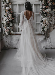White Deep V-Neck Tulle A-Line Wedding Dress with Long Sleeves Back View