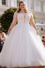 White Deep V-Neck Tulle Ball Gown Wedding Dress with Lace Appliques and Long Sleeves