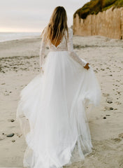 White High Neck A-Line Wedding Dress with Lace Appliques and Long Sleeves Back View