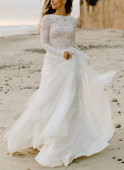 White High Neck A-Line Wedding Dress with Lace Appliques and Long Sleeves