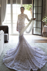 White High Neck Lace Mermaid Chapel Train Wedding Dress with Long Sleeves