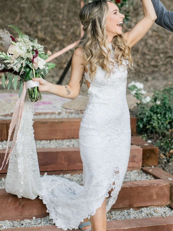 White High Neck Lace Sheath Sweep Train Wedding Dress