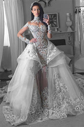 White High Neck Mermaid Chapel Train Wedding Dress with Lace Appliques and Long Sleeves