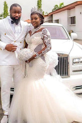 White High Neck Mermaid Wedding Dress with Lace Appliques and Long Sleeves