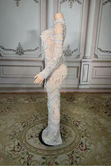 White High Neck Sheath Long Prom Dress with Long Sleeves Side View