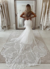 White Mermaid Cathedral Train Wedding Dress with Lace Appliques Back View