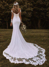 White Mermaid Chapel Train Wedding Dress with Lace Appliques and Long Sleeves