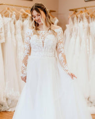 White Off The Shoulder A-Line Wedding Dress with Lace Appliques and Long Sleeves