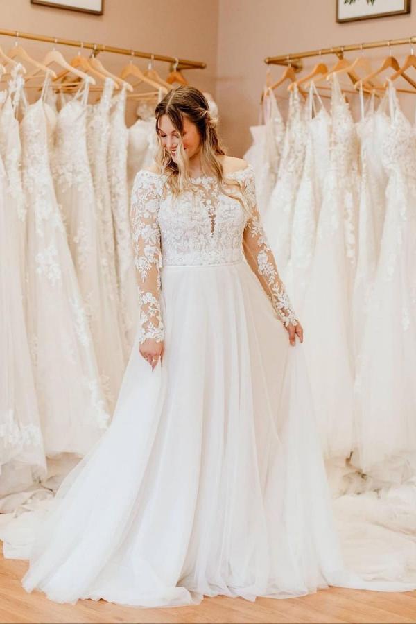 White Off The Shoulder A-Line Wedding Dress with Lace Appliques and Long Sleeves