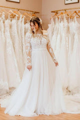 White Off The Shoulder A-Line Wedding Dress with Lace Appliques and Long Sleeves