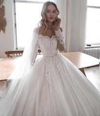 White Off The Shoulder Ball Gown Wedding Dress with Lace Appliques and Long Sleeves Bodice Detail