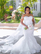 White Off The Shoulder Mermaid Chapel Train Wedding Dress with Lace Appliques