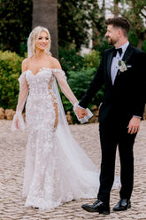 White Off The Shoulder Mermaid Wedding Dress with Lace Appliques, Long Sleeves and Floral Details